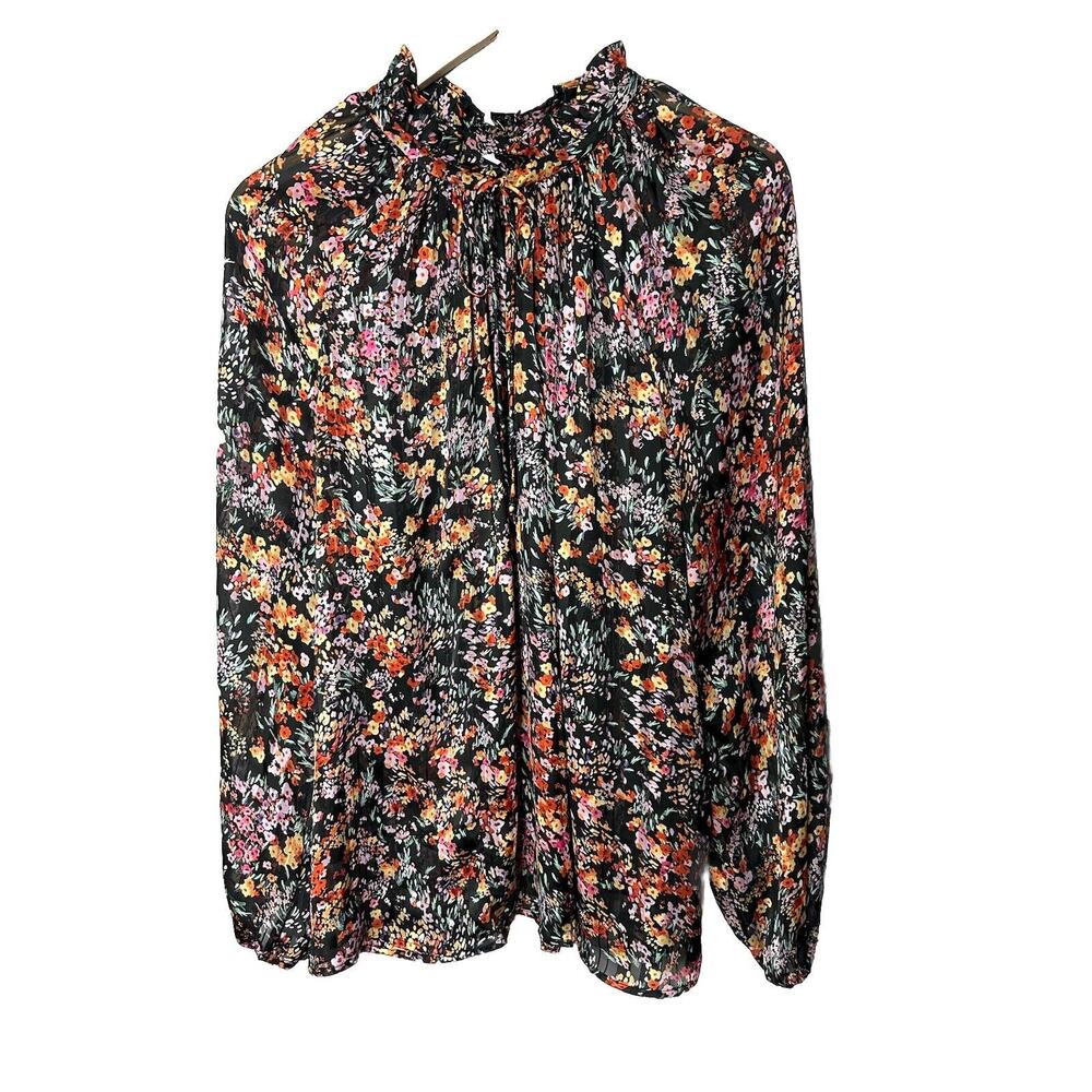 H&M Floral Blouse XL Loose Fit Long Sleeve Dark Florals Ruffle Neckline Tie